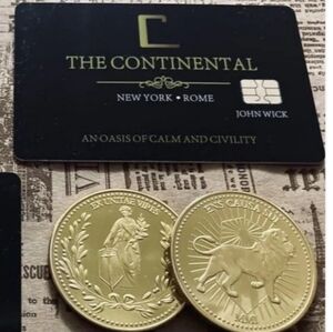 2 Gold Plated John Wick Continental Collectible Coins with Hotel Room Card SET